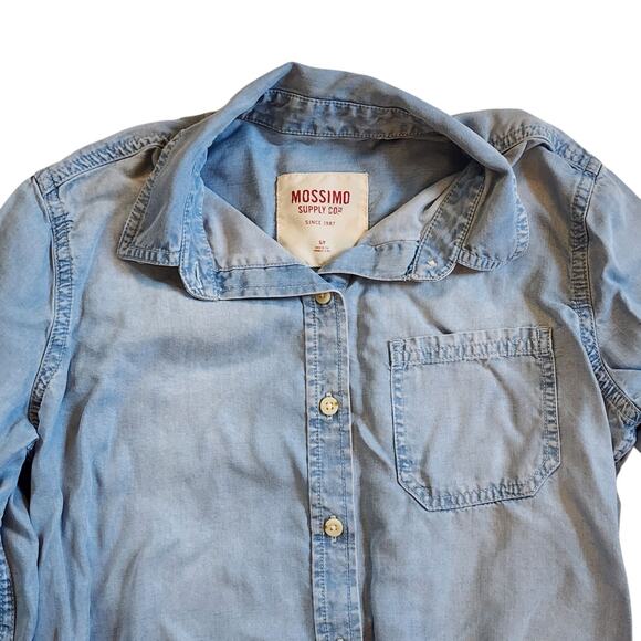 Mossimo Womens Chambray Top Size S Blue Button Down Roll Tab Sleeve - Picture 5 of 11